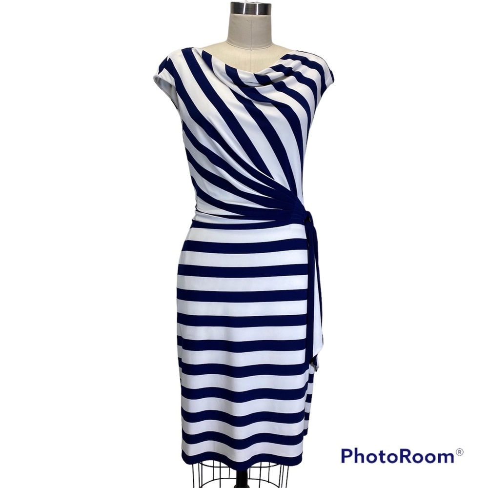 Lauren Ralph Lauren Navy White Nautical Stripe Draped Dress Size 6